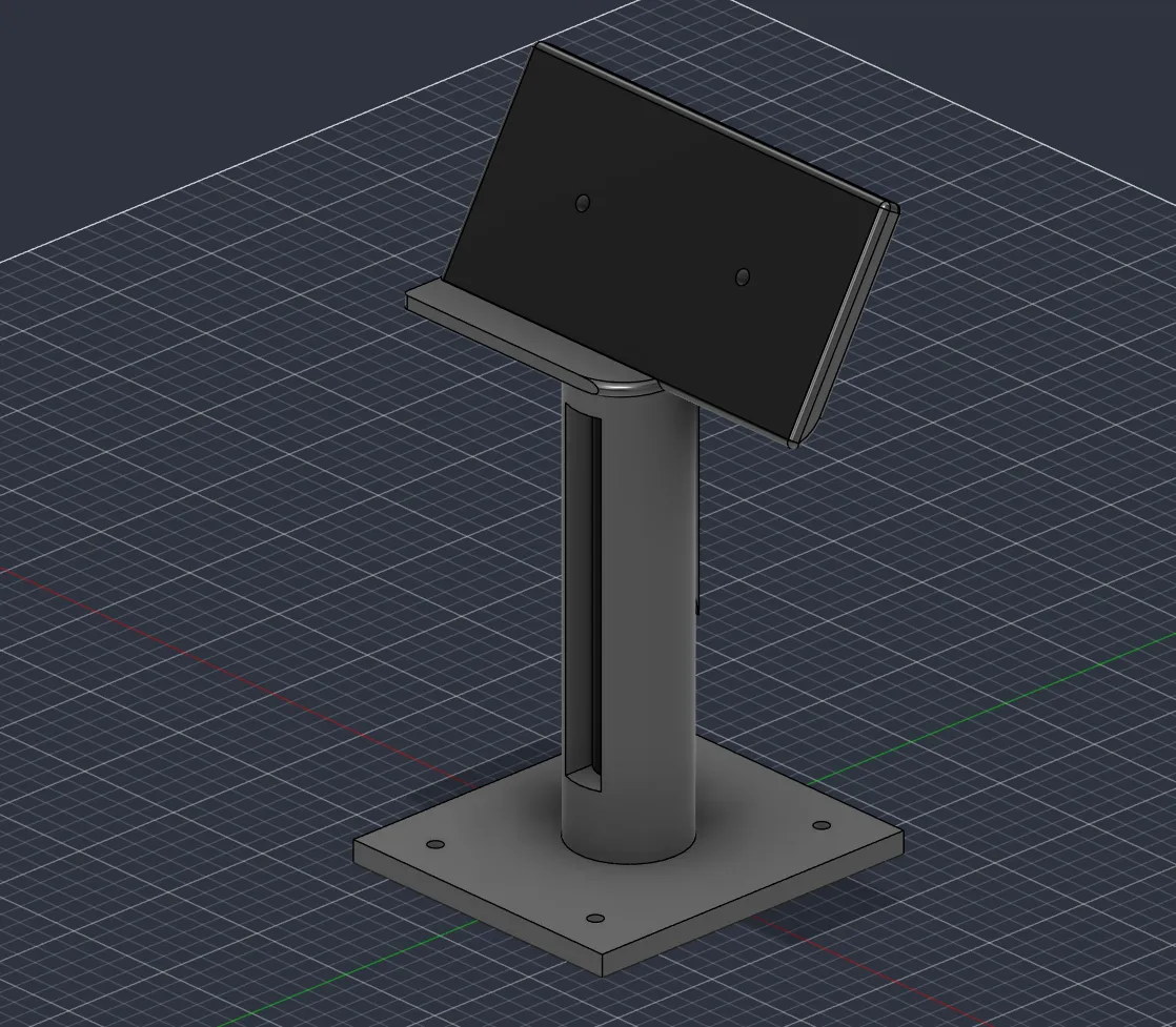 CAD render of the finished camera tower — a square base plate with four bolt holes, a cylindrical column with a cable slot running down its front, and a flat rectangular mounting pad tilted back at the top