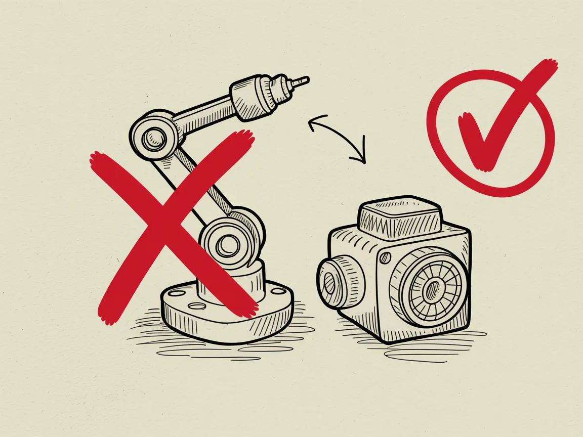 Sketch of a small robot joint bracket crossed out with a red marker X, next to a slightly larger new servo motor circled in red with a checkmark