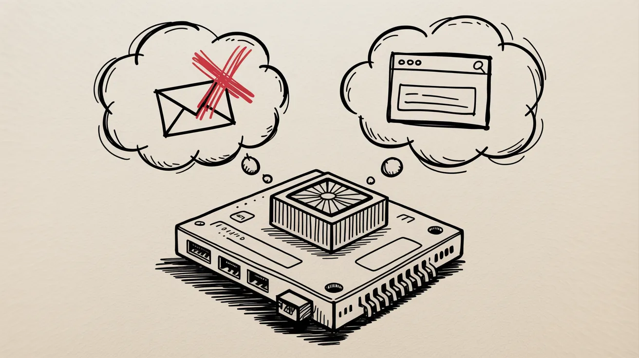 Pen-and-ink sketch of a single-board computer with a heatsink and fan, with two thought bubbles above it — an envelope crossed out in red marker, and a web browser window