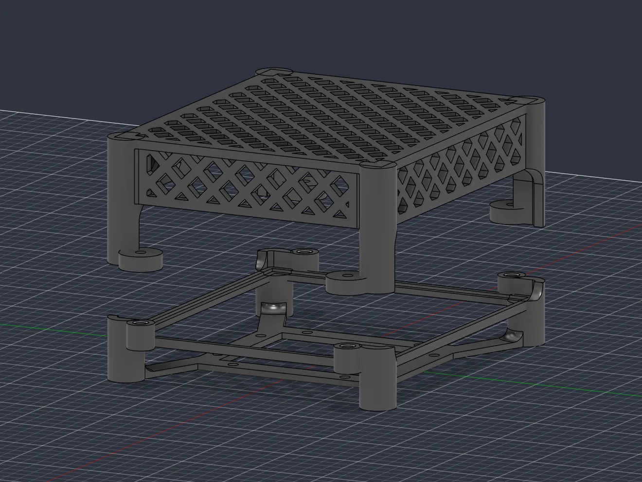 A 3D render of the enclosure: a skeletal base with four corner posts, and a lattice-sided cover above it