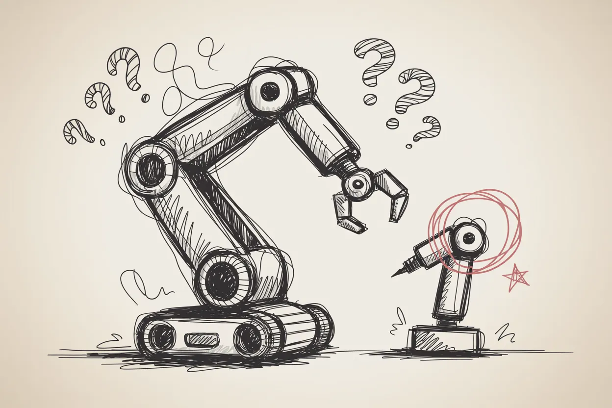 Sketch of an overambitious multi-joint robot arm surrounded by question marks, next to a small single-joint robot circled and starred as the actual chosen plan