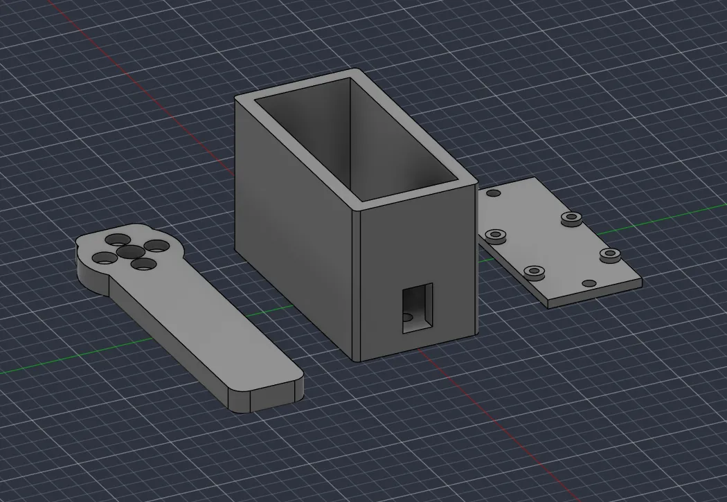 Three 3D-printed CAD parts for the reworked servo joint — a horn arm, a servo housing, and a mounting plate — sitting side by side on a modeling grid