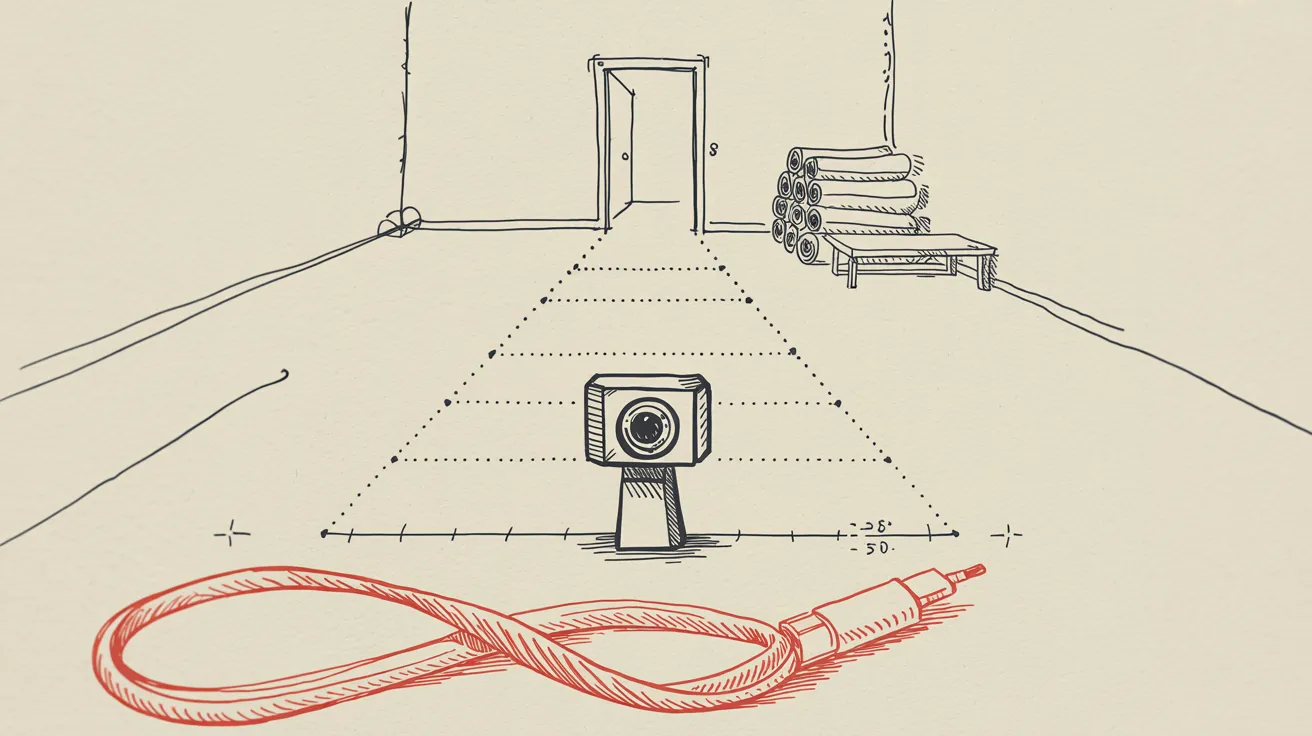Pen-and-ink sketch: a small depth camera on a slim tower, a dotted cone of vision spreading toward a sketched room with a doorway and a stack of rolled mats, and in the foreground a thick red cable curling across the page - by far the loudest thing in the picture