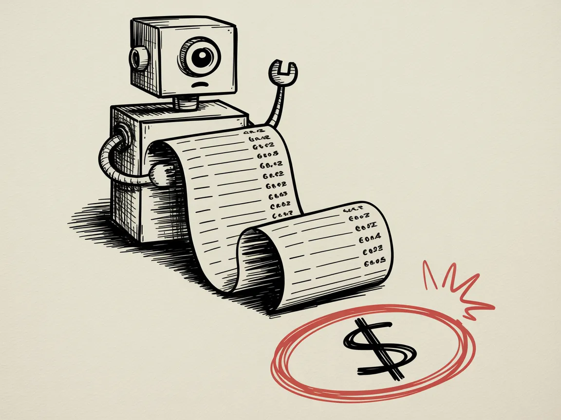 Sketch of a confused small robot module sitting atop an enormous unrolling paper receipt covered in scribbled line items, with a dollar sign circled in red marker