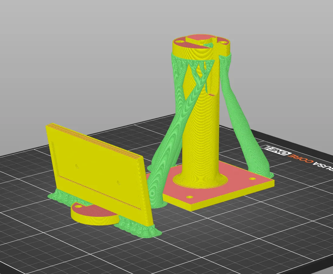 A 3D printer slicer preview showing the camera tower and one mounting pad on the build plate, both wrapped in tall green tree-style support structures