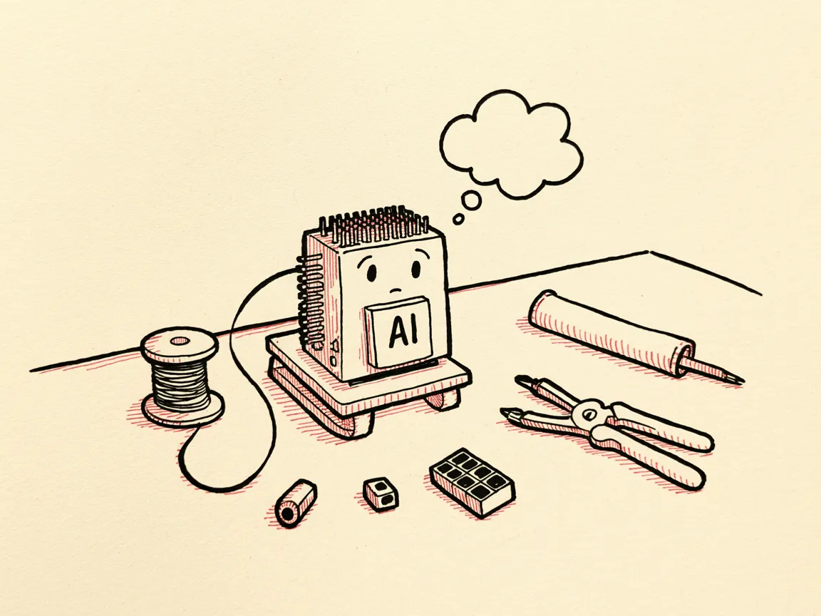 A hand-drawn single-board computer character labeled AI with a blank, confused expression and an empty thought bubble, sitting on a workbench surrounded by a spool of wire, terminal blocks, heat-shrink tubing, and a pair of pliers