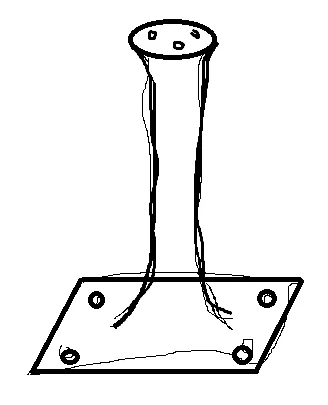 A hand-drawn sketch of the camera tower: a column rising from a rectangular base plate with four bolt holes, a cable running down inside it