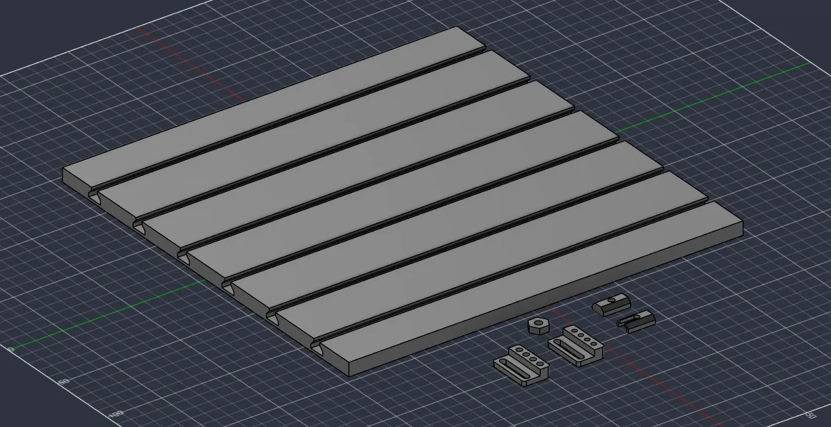 Isometric CAD render of a flat mounting platform with parallel longitudinal grooves running its full length, alongside several small interface blocks with slots and bolt holes