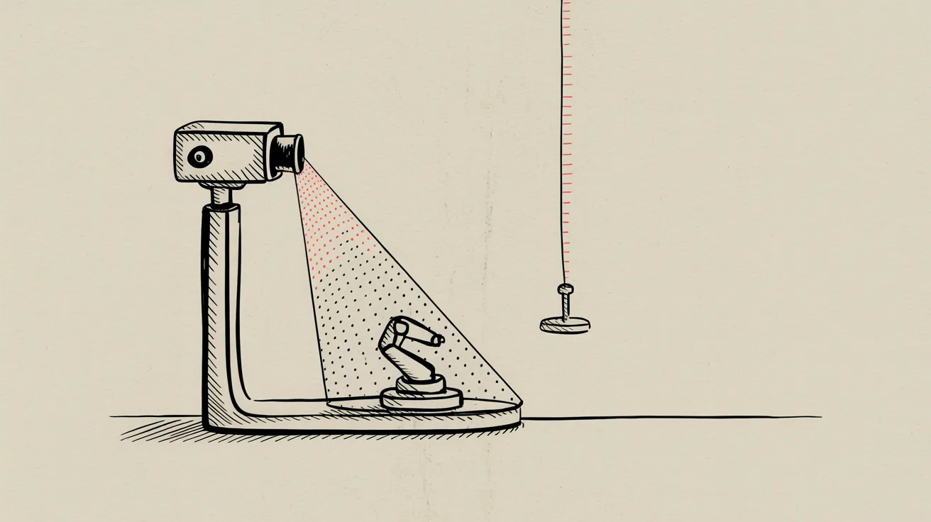 Pen-and-ink sketch: a small depth camera on a slim tower, tilted, its dotted cone of vision falling on a blank wall while the robot arm and its base sit squeezed into the very bottom edge of the cone. Beside the tower a red plumb line hangs dead straight, obviously disagreeing with the camera.